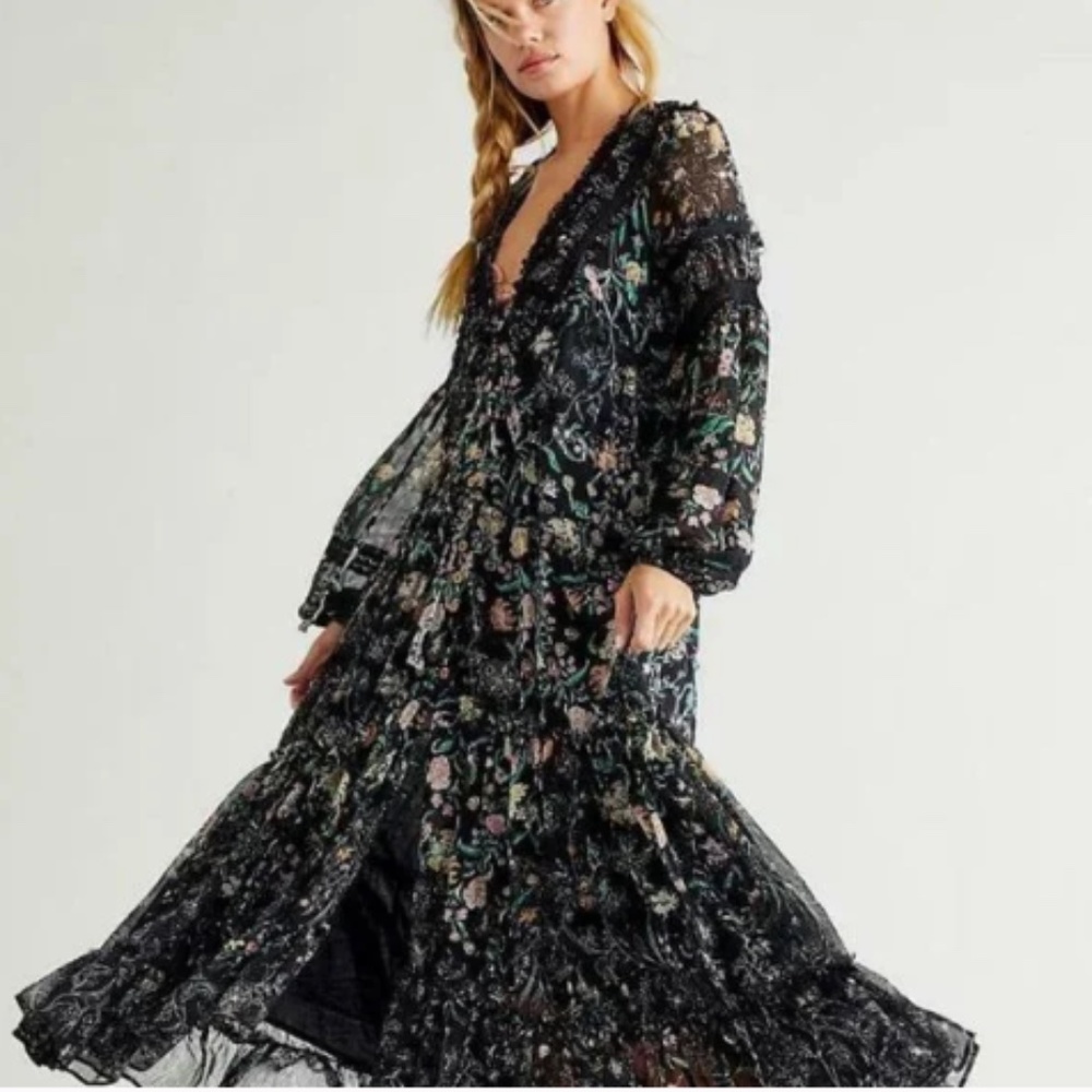 NWT Free People Cassis Printed Chiffon Midi Dress Floral Black Small New